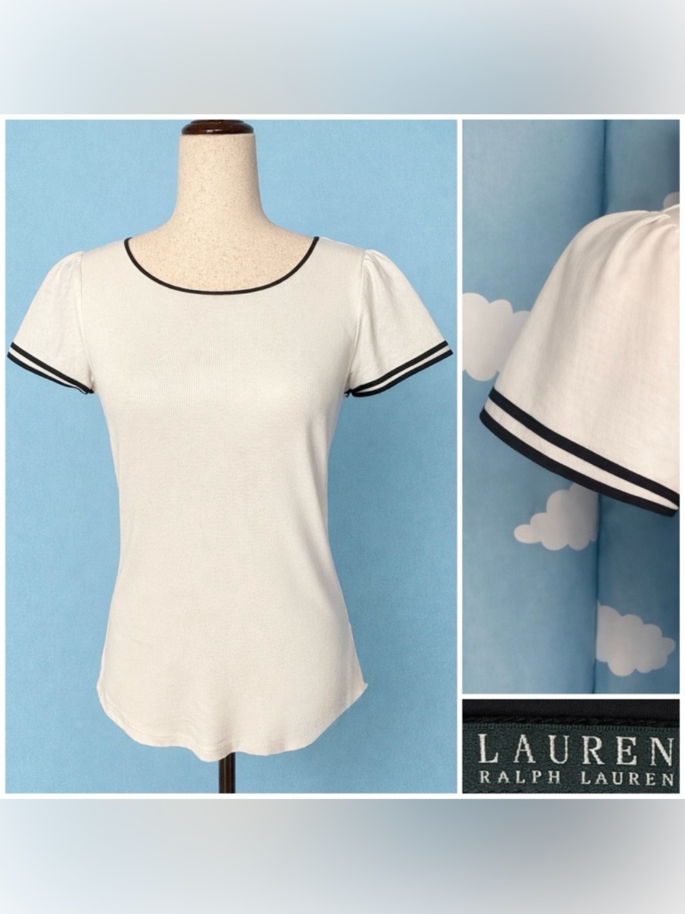Lauren Ralph Lauren white blouse, dark navy trim, puff sleeves, bright white- S